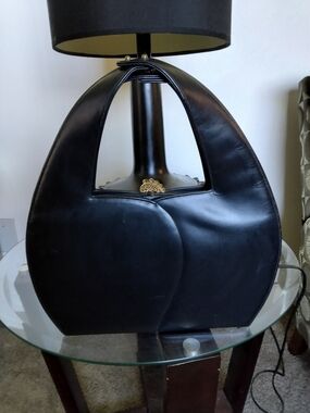 Blue Vintage Round Leather Handbag with Gold Clasp